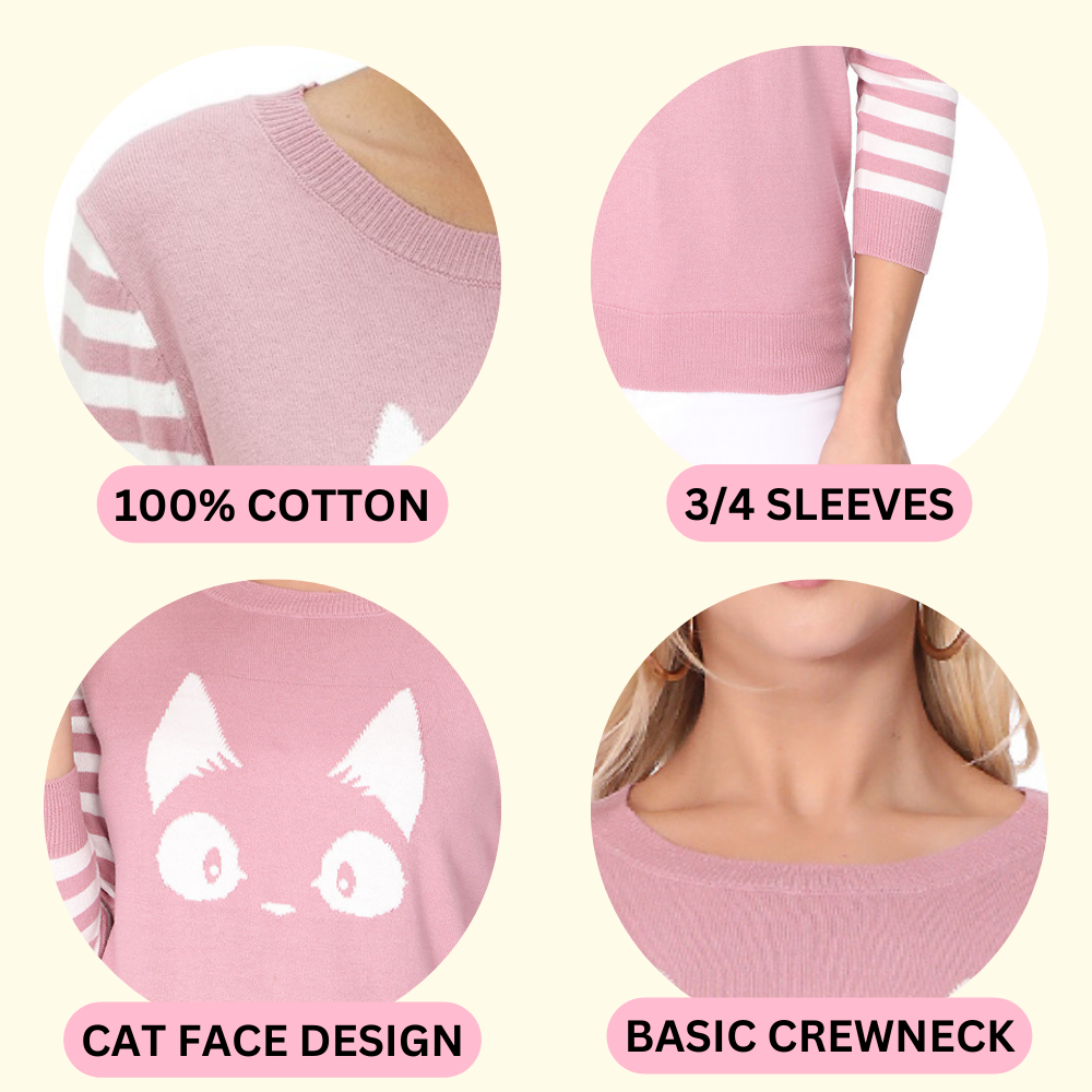 3/4 Sleeve Kitty Cat Jacquard Crewneck Pullover Sweater MK3375(S-L)