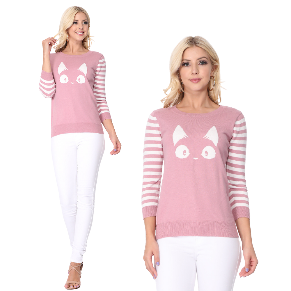 3/4 Sleeve Kitty Cat Jacquard Crewneck Pullover Sweater MK3375(S-L)