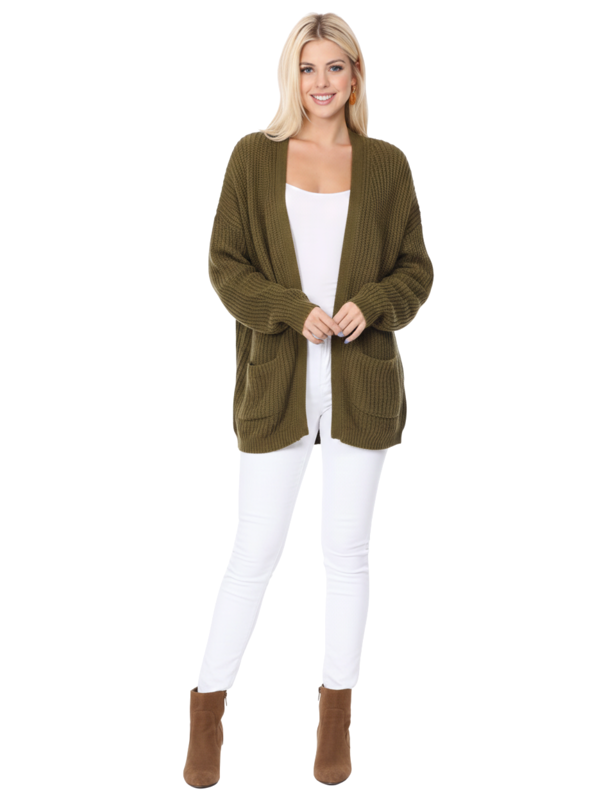 Women's Chunky Waffle Knit Open Front Sweater Cardigan HK8246 (S/M-M/L)