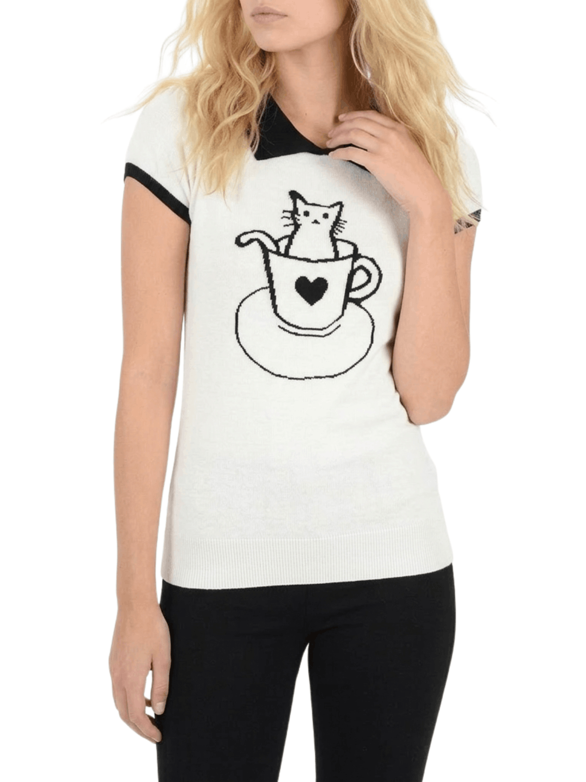 Pointed Collar Cat Tea Cup Short Sleeve Pullover Sweater MK3591CAT (S-L)