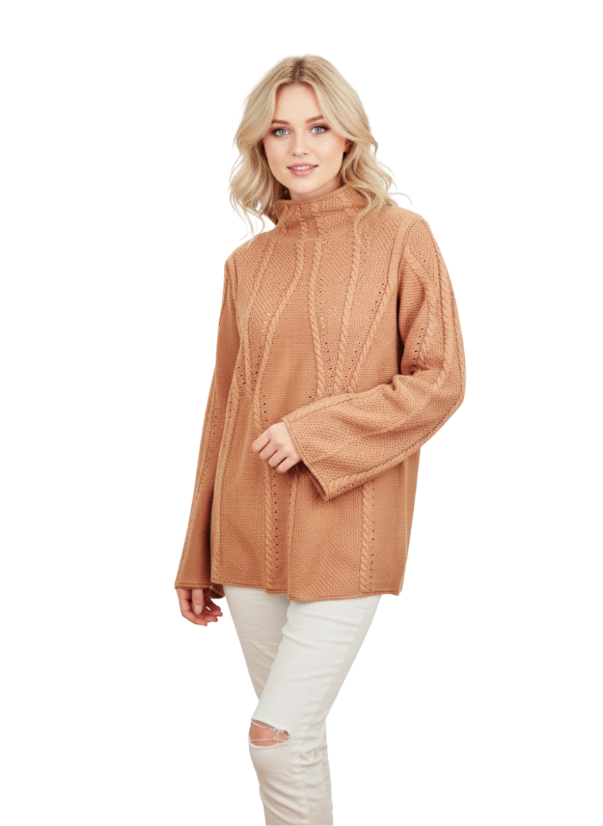 Mock Neck Cable Knitted Tunic Pullover Sweater MK8188 (S-L)