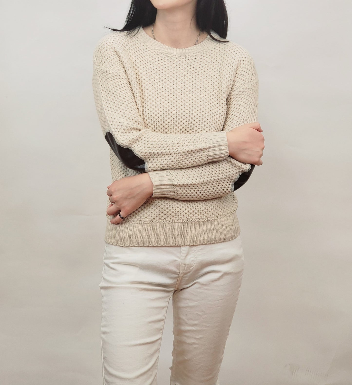 Honeycomb Stitch Sweater Top with Elbow Patch MK3354 (S-L)