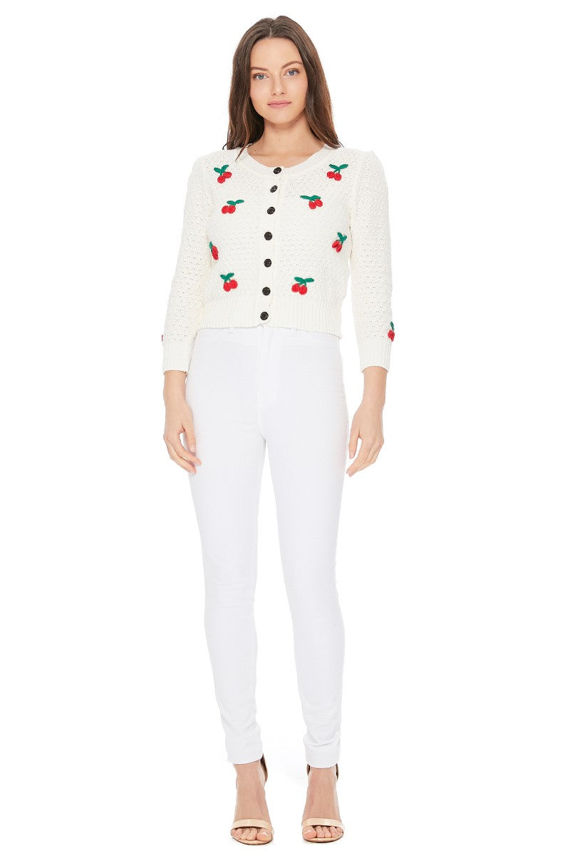 3/4 Sleeve Crewneck Crochet Knit Cropped Cardigan Sweater MK3515 (S-L)