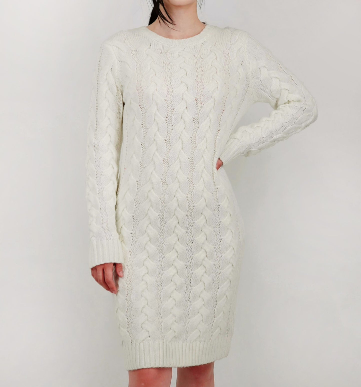 Loose Fit Knee Length Heavy Cable Knitted Dress MK6026 (S-L)