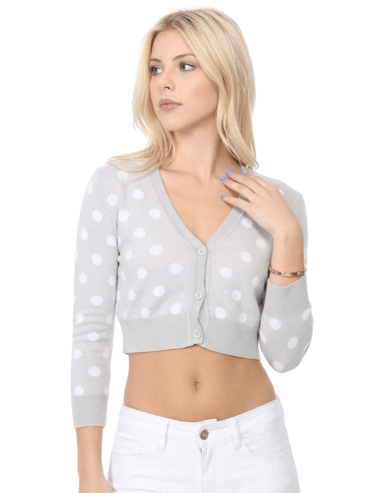 3/4 Sleeve V-Neck Polka Dot Cropped Bolero Sweater Cardigan MK8213 (S-L)
