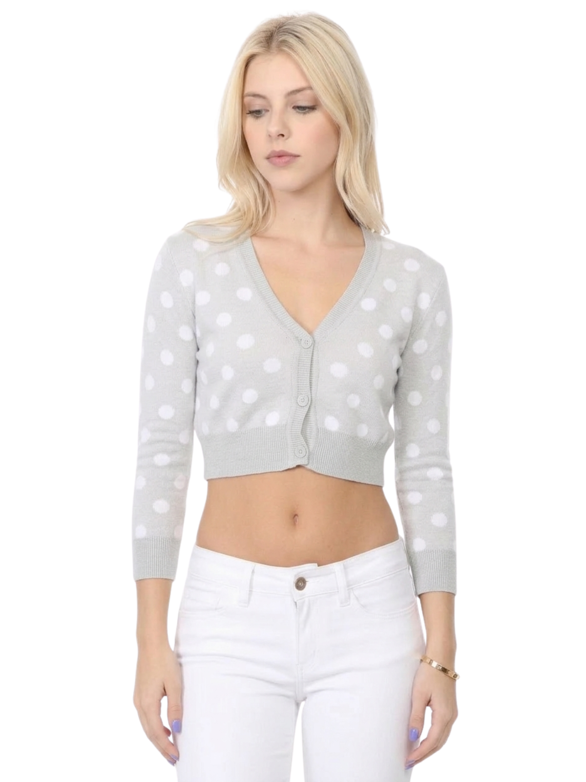 3/4 Sleeve V-Neck Polka Dot Cropped Bolero Sweater Cardigan MK8213 (S-L)