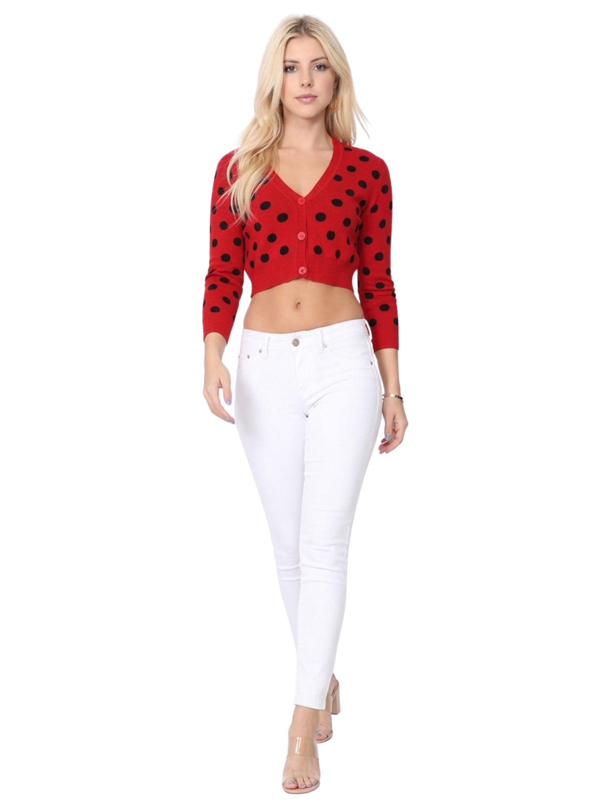 3/4 Sleeve V-Neck Polka Dot Cropped Bolero Sweater Cardigan MK8213 (S-L)