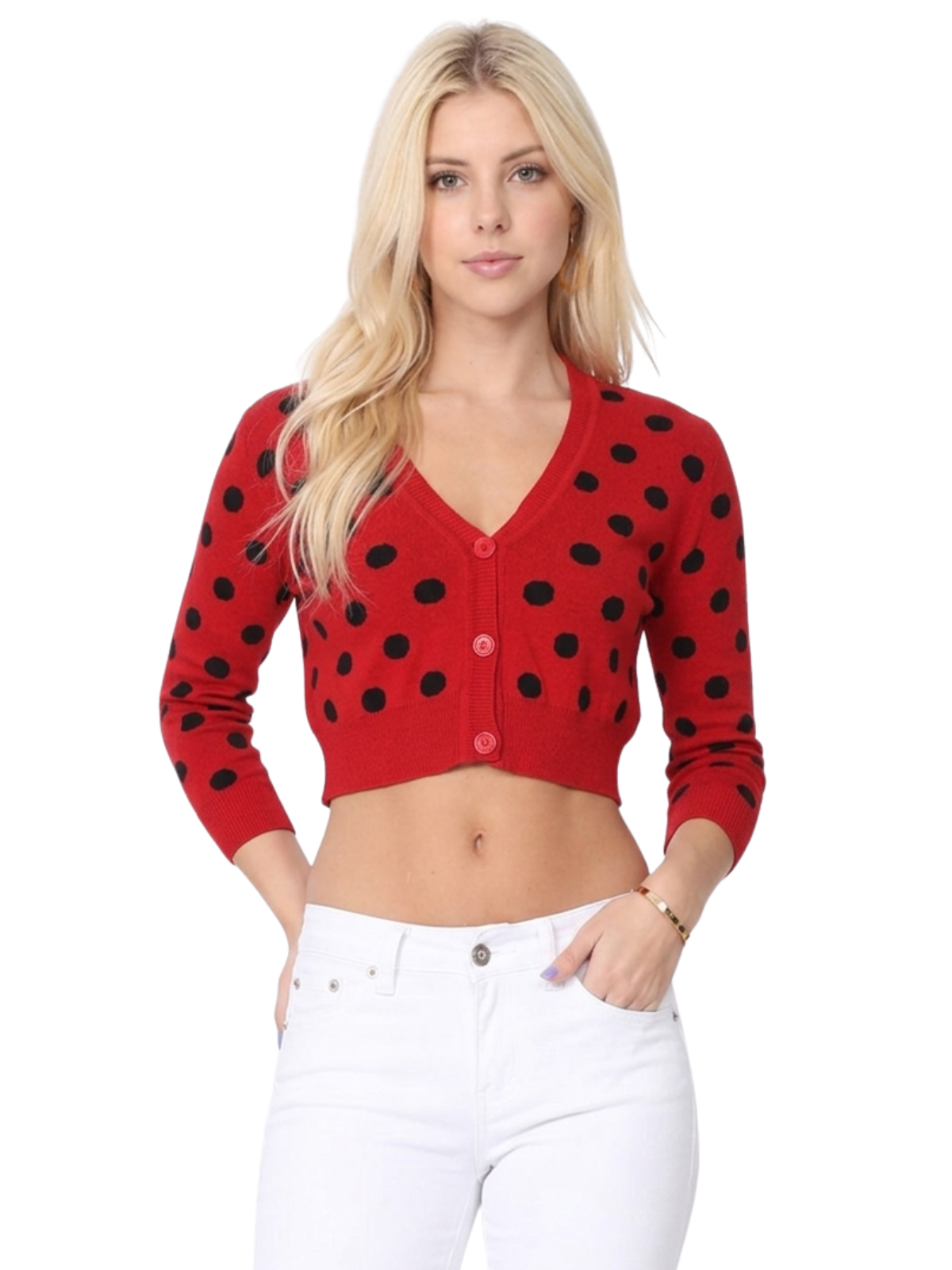 3/4 Sleeve V-Neck Polka Dot Cropped Bolero Sweater Cardigan MK8213 (S-L)