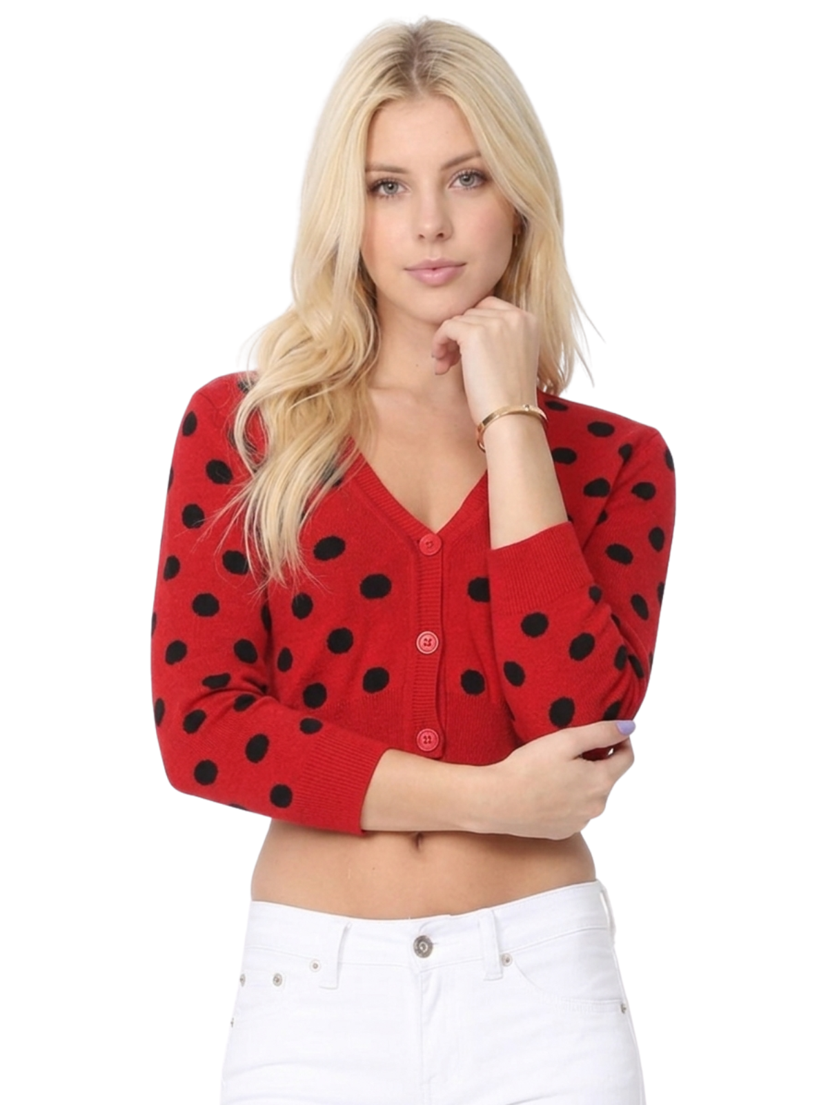 3/4 Sleeve V-Neck Polka Dot Cropped Bolero Sweater Cardigan MK8213 (S-L)