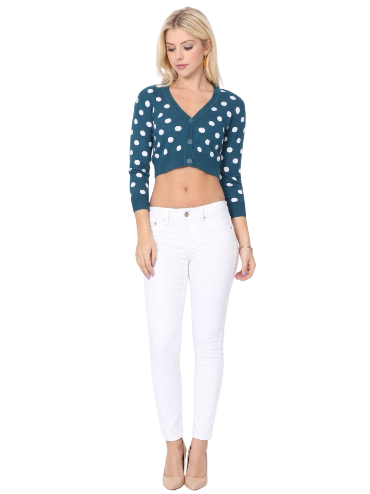 3/4 Sleeve V-Neck Polka Dot Cropped Bolero Sweater Cardigan MK8213 (S-L)