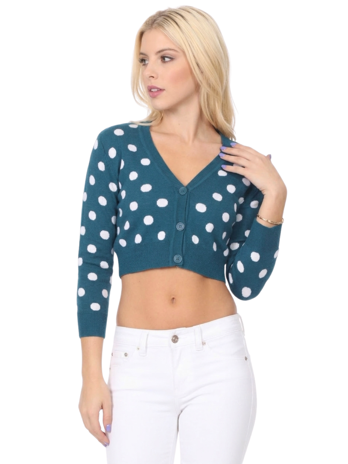 3/4 Sleeve V-Neck Polka Dot Cropped Bolero Sweater Cardigan MK8213 (S-L)
