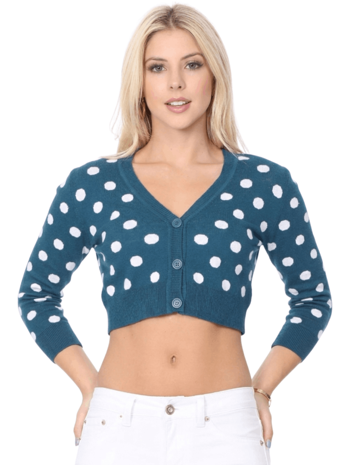 3/4 Sleeve V-Neck Polka Dot Cropped Bolero Sweater Cardigan MK8213 (S-L)
