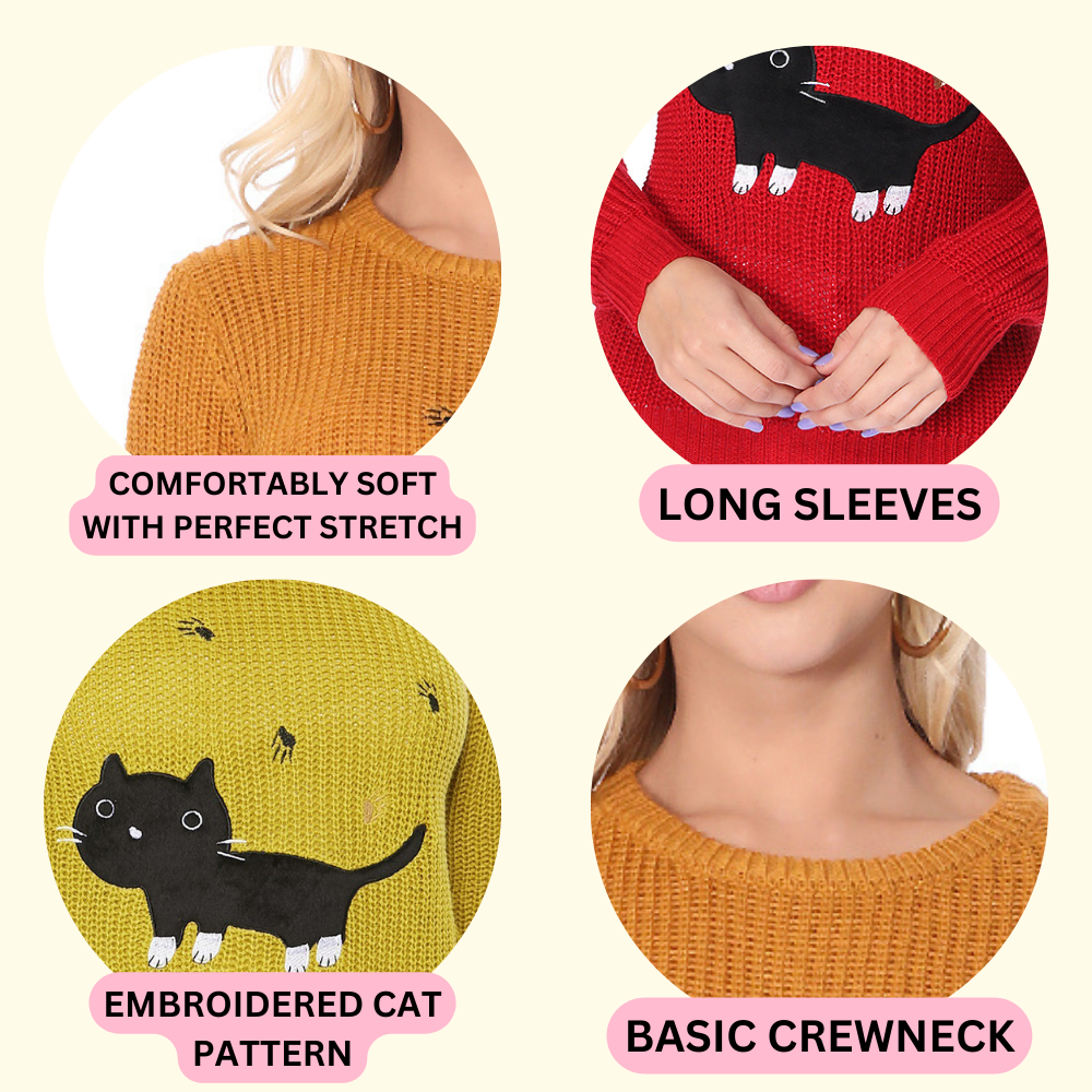 Crewneck Black Cat Applique Embroidery Knit Pullover Sweater MK8207 (S-L)