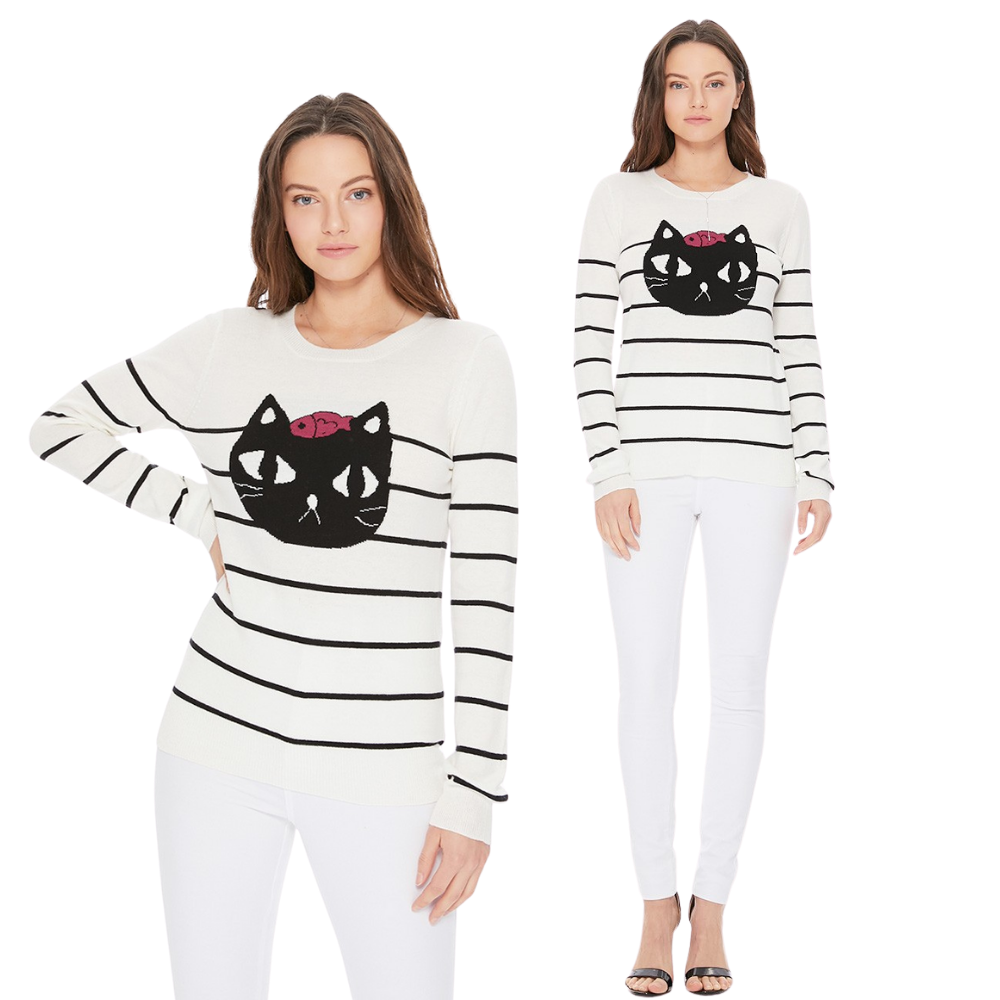 Striped Pattern Black Cat Crewneck Casual Jacquard Sweater MK8097 ( S-L)