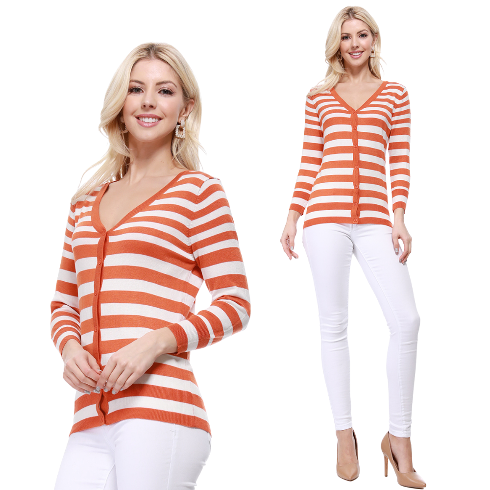 Women's 3/4 Sleeve V-Neck Stripe Button down Sweater Cardigan MK3078 (S-L)