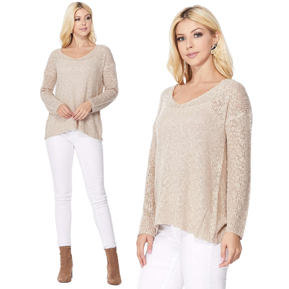 V Neck Long Sleeve Knit Top Loose Pullover Summer Sweater MK3392 (S-L)