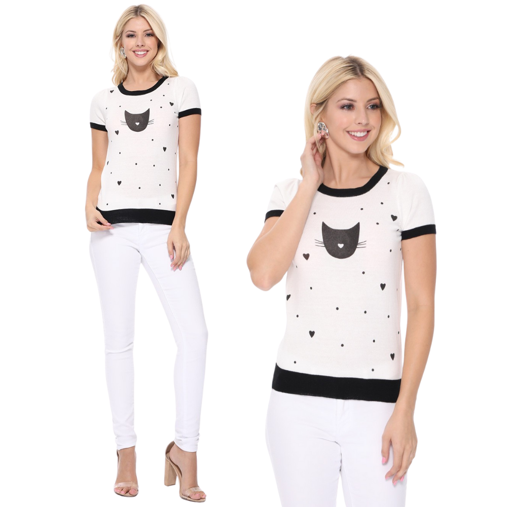 Kitty Cat Face Casual Short Sleeve Pullover Sweater MK3182 (S-L)