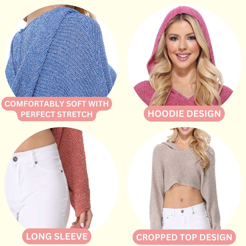 Long Sleeve Knit Cropped Sweater Summer Pullover with Hoodie KC009 (S/M-M/L)