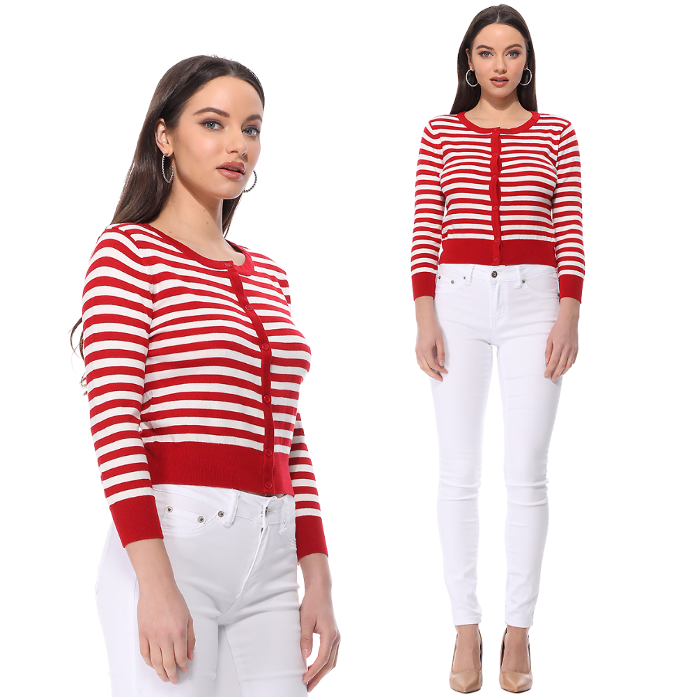 Women's 3/4 Sleeve Crewneck Striped Regular Fit Button-Down Sweater Cardigan MK3521 (S-L)