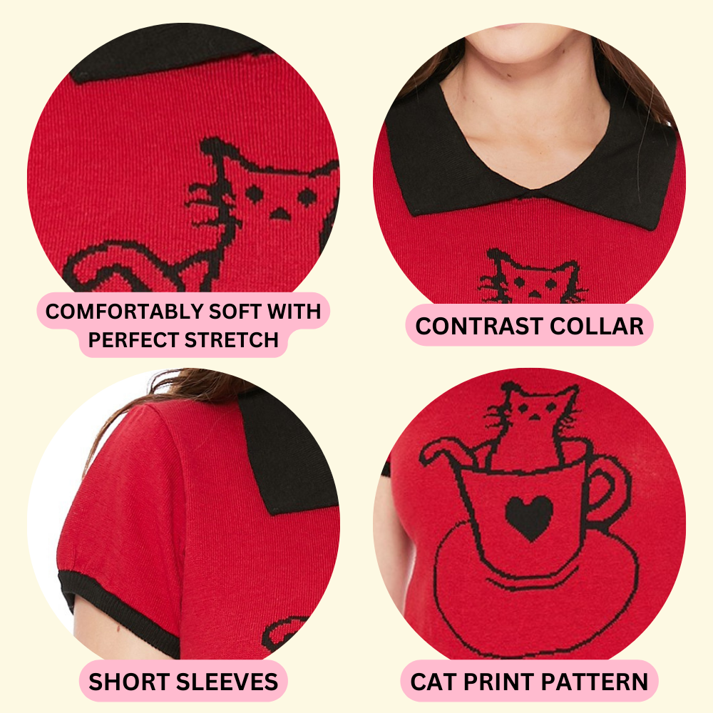 Pointed Collar Cat Tea Cup Short Sleeve Pullover Sweater MK3591CAT (S-L)