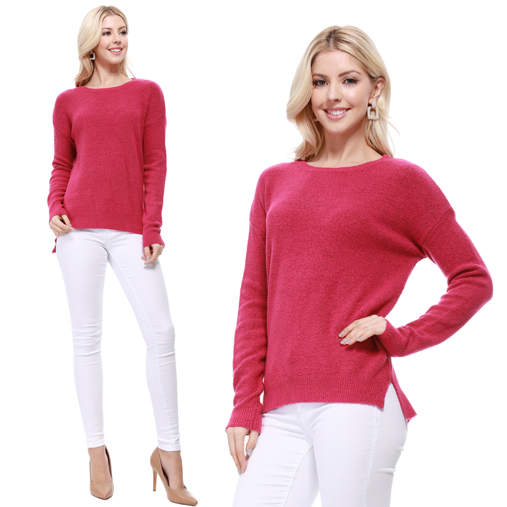 Crewneck Knit Pullover Sweater with Side Slit MK8015 (S-L)