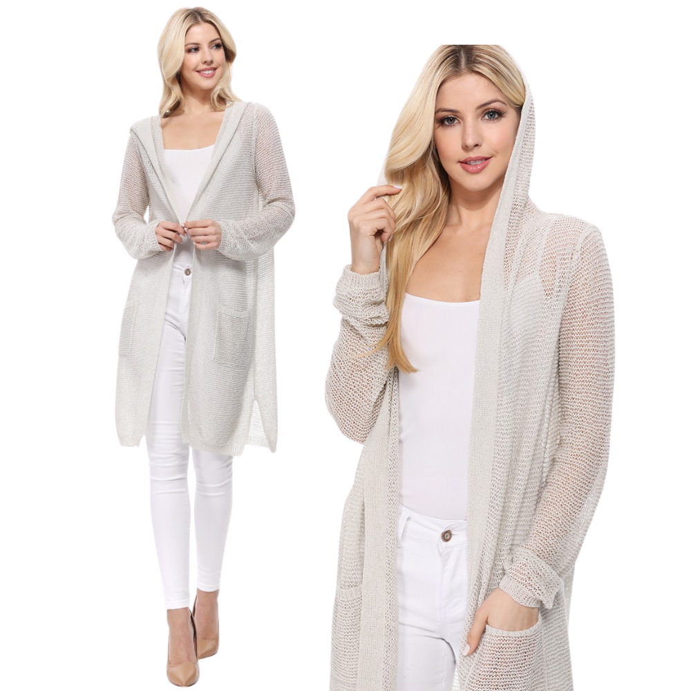 Open Front Knit Long Summer Cardigan w/ Pockets and Hoodie HK8266 (S/M-M/L)