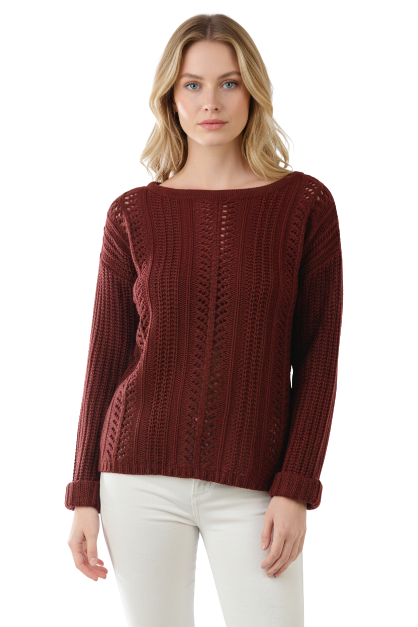 Leaf Crochet Detailed Rolled Up Sleeve Sweater HB2052 (S-L)