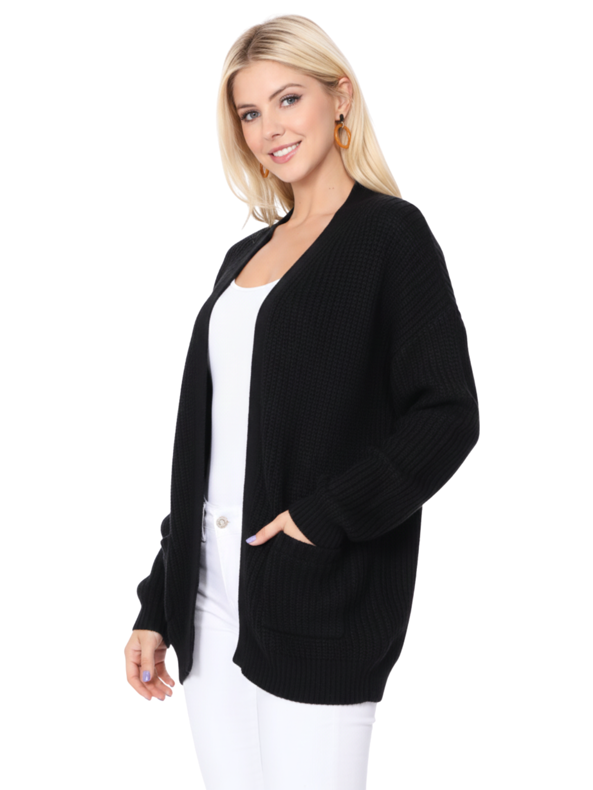 Women's Chunky Waffle Knit Open Front Sweater Cardigan HK8246 (S/M-M/L)