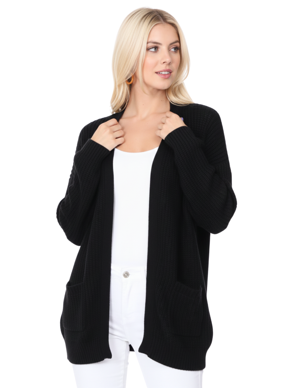 Women's Chunky Waffle Knit Open Front Sweater Cardigan HK8246 (S/M-M/L)