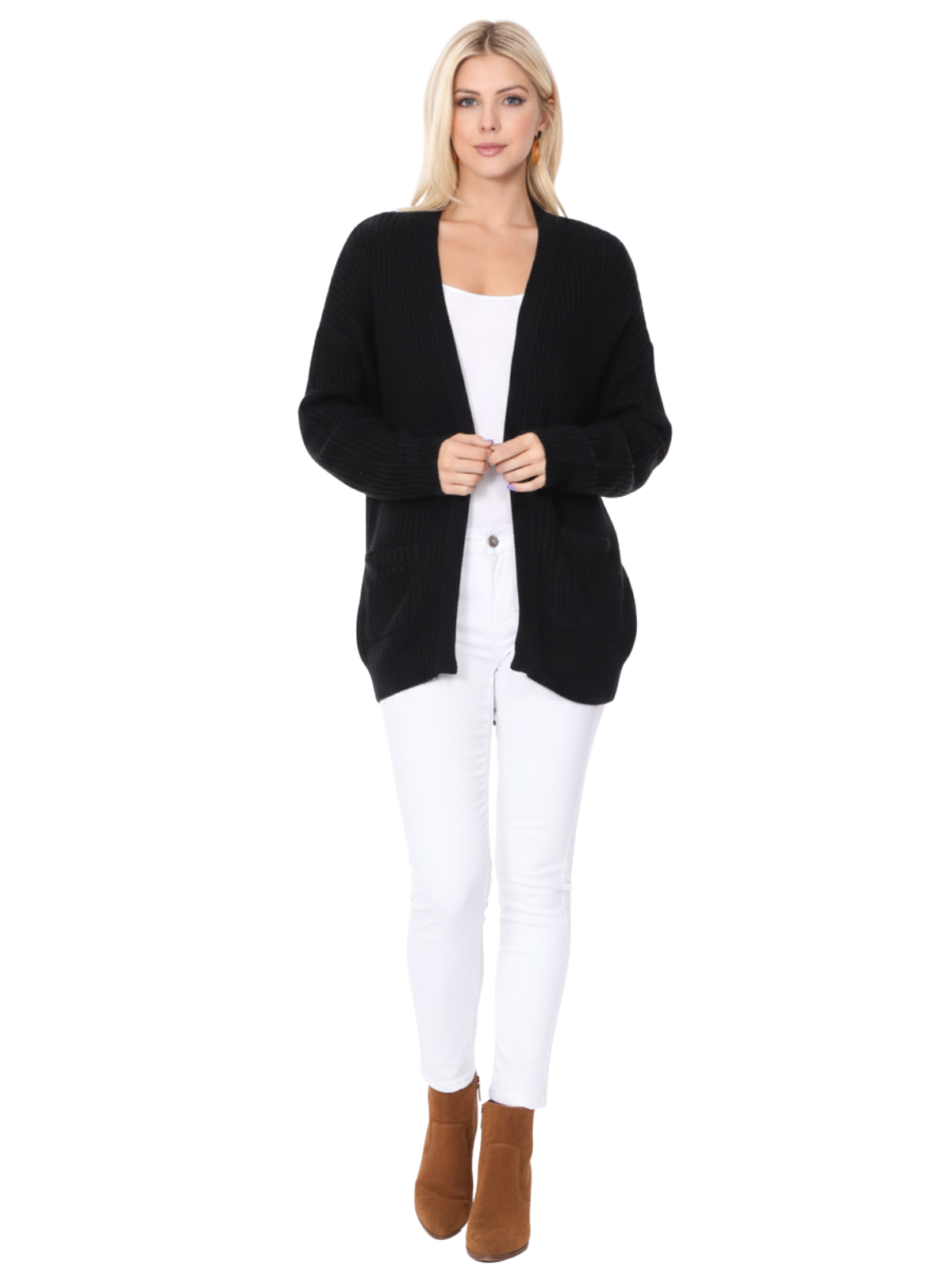 Women's Chunky Waffle Knit Open Front Sweater Cardigan HK8246 (S/M-M/L)