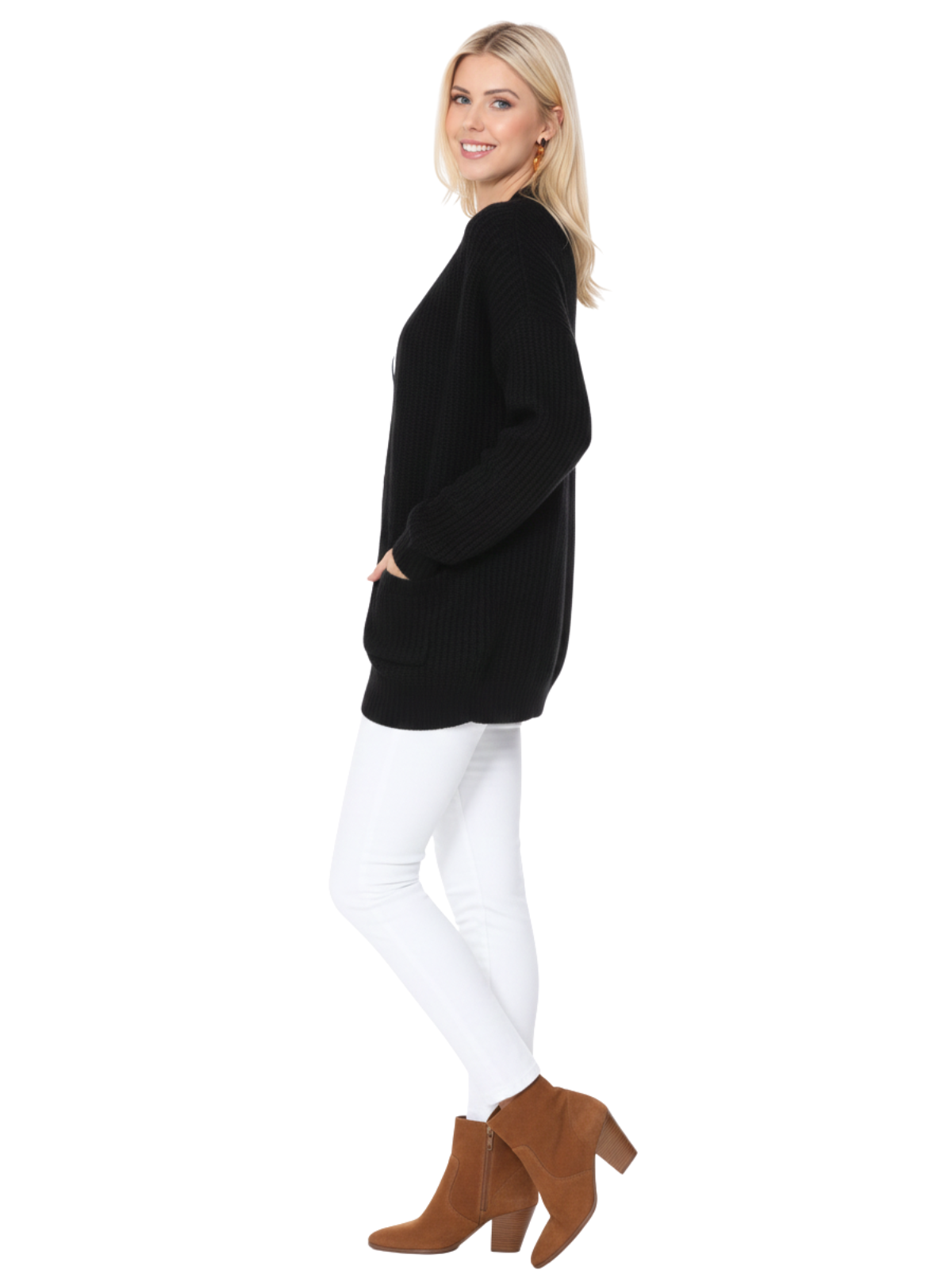 Women's Chunky Waffle Knit Open Front Sweater Cardigan HK8246 (S/M-M/L)