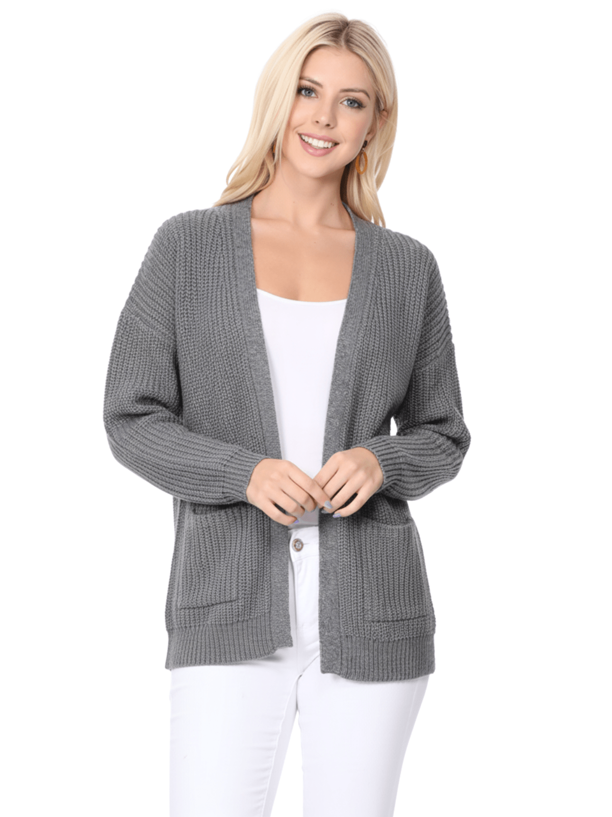Women's Chunky Waffle Knit Open Front Sweater Cardigan HK8246 (S/M-M/L)