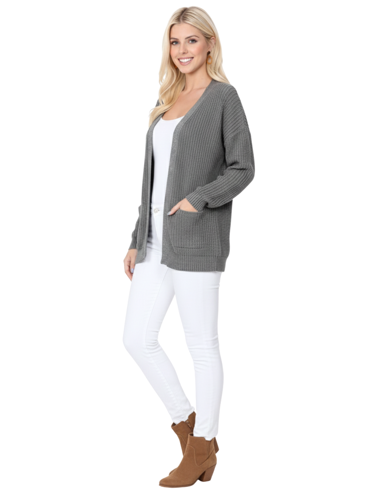 Women's Chunky Waffle Knit Open Front Sweater Cardigan HK8246 (S/M-M/L)