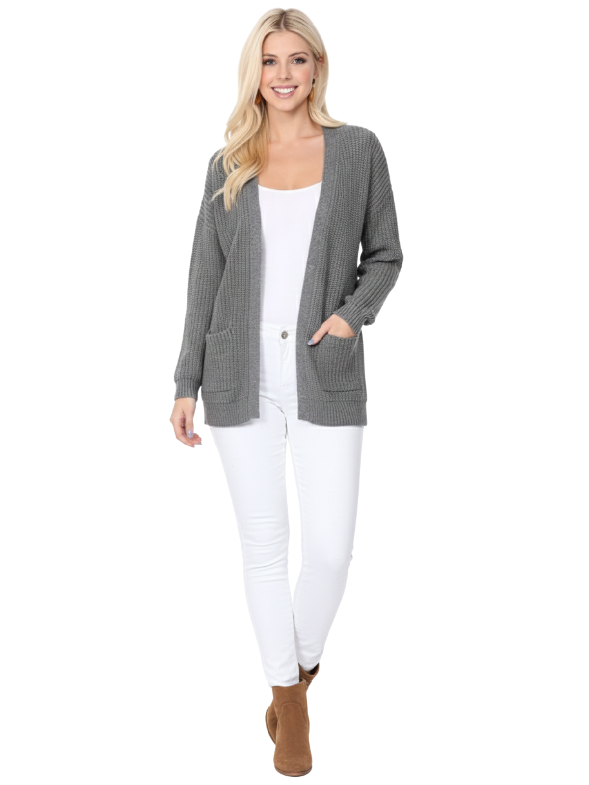 Women's Chunky Waffle Knit Open Front Sweater Cardigan HK8246 (S/M-M/L)
