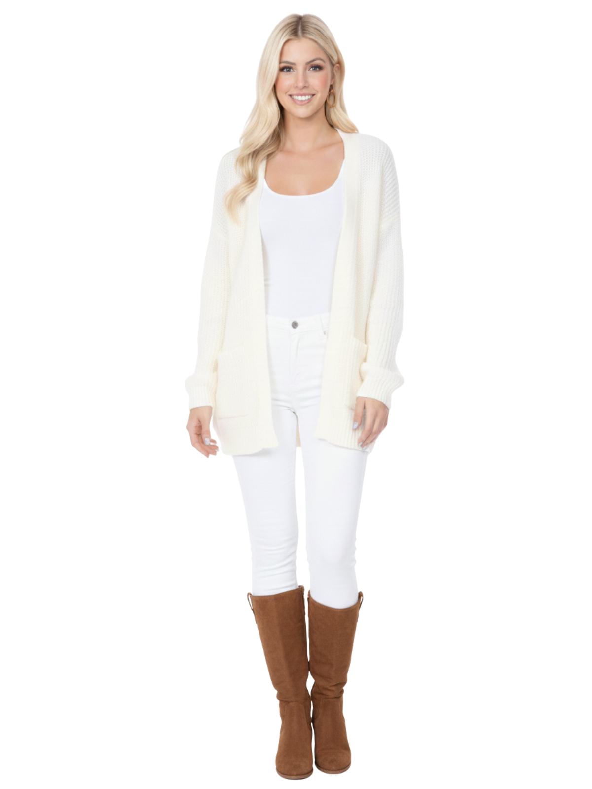 Women's Chunky Waffle Knit Open Front Sweater Cardigan HK8246 (S/M-M/L)