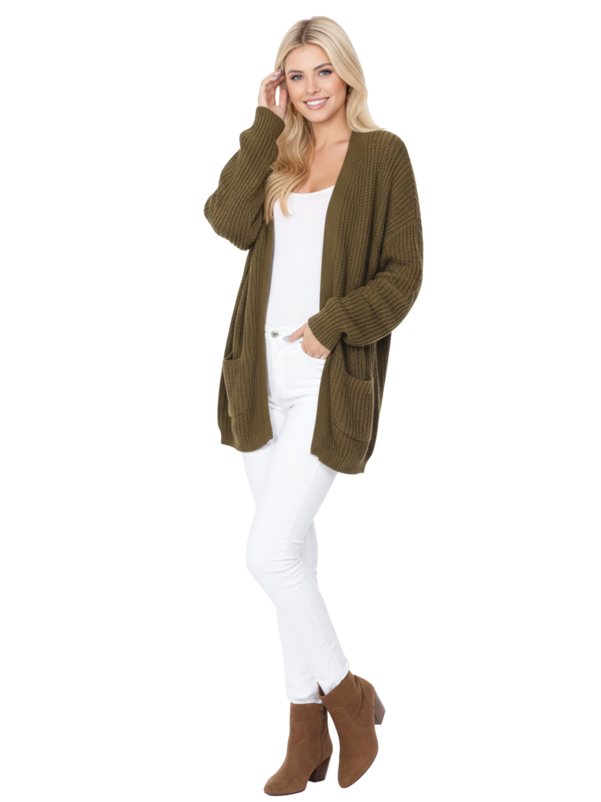 Women's Chunky Waffle Knit Open Front Sweater Cardigan HK8246 (S/M-M/L)