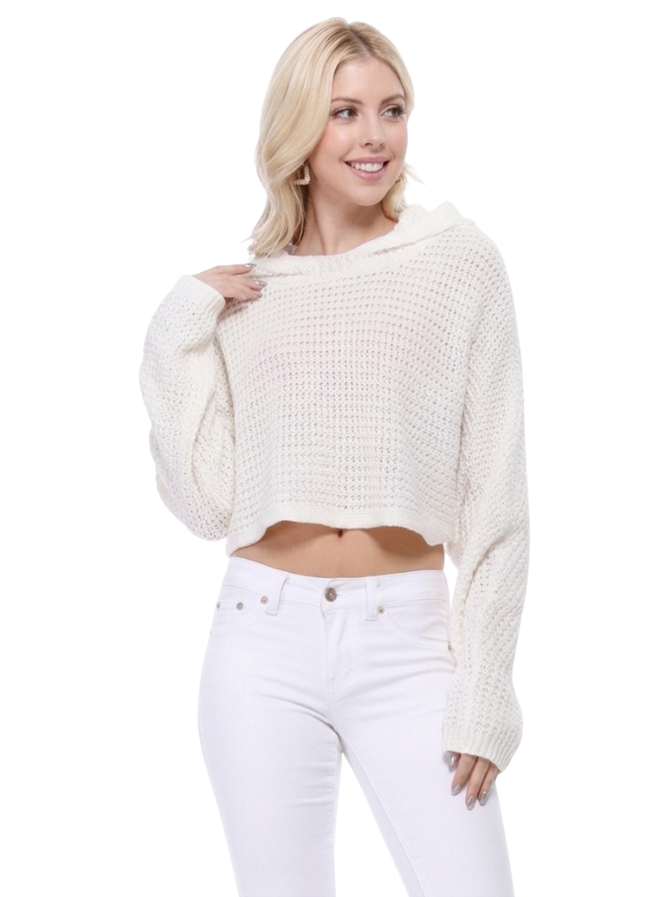Bat Wing Sleeve Crop Waffle Knit Hoodie Top KC007 (S/M-M/L)