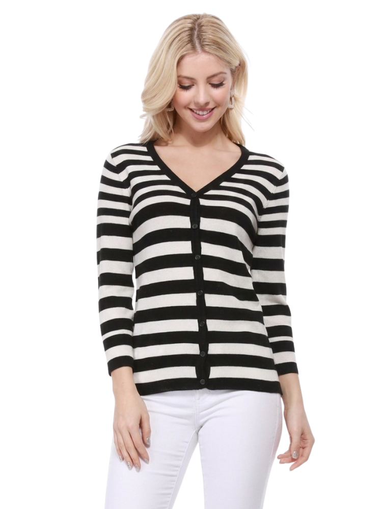 Women's 3/4 Sleeve V-Neck Stripe Button down Sweater Cardigan MK3078 (S-L)