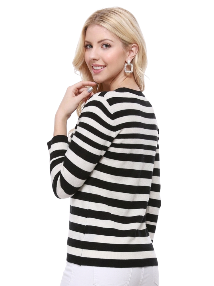 Women's 3/4 Sleeve V-Neck Stripe Button down Sweater Cardigan MK3078 (S-L)