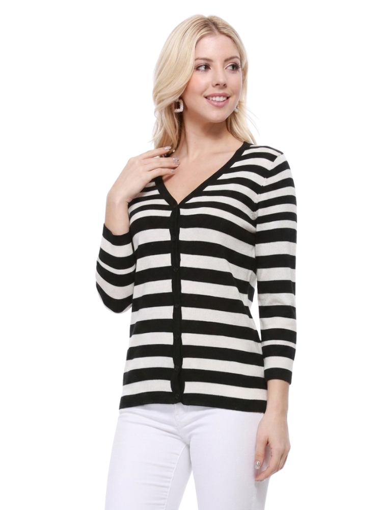 Women's 3/4 Sleeve V-Neck Stripe Button down Sweater Cardigan MK3078 (S-L)
