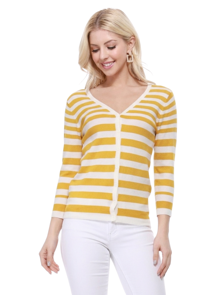 Women's 3/4 Sleeve V-Neck Stripe Button down Sweater Cardigan MK3078 (S-L)