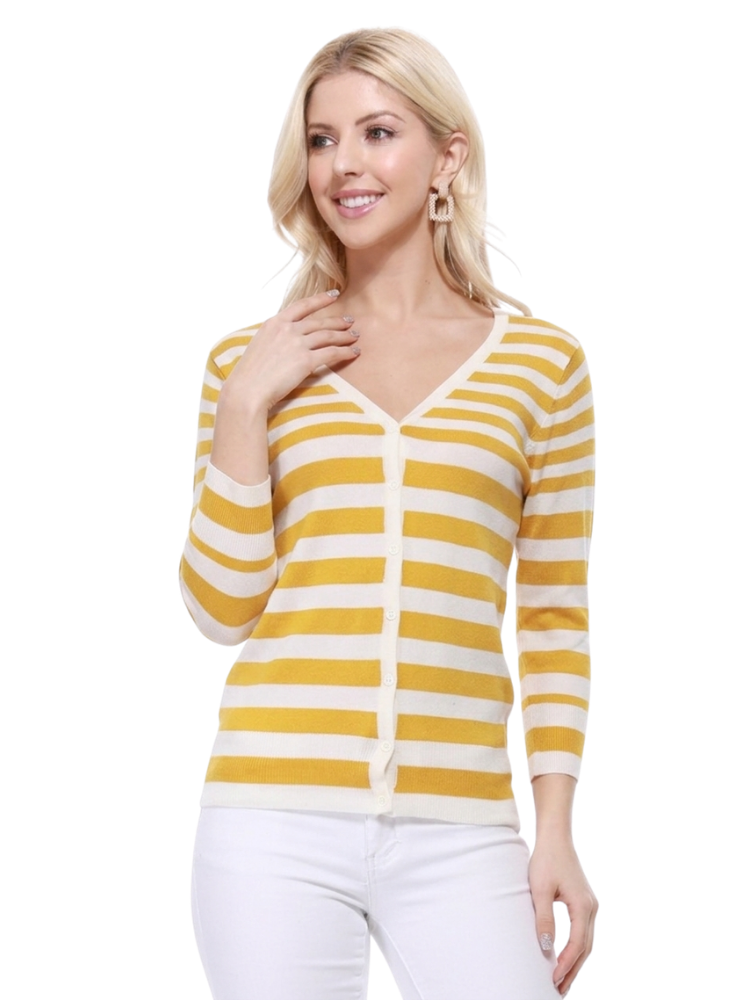 Women's 3/4 Sleeve V-Neck Stripe Button down Sweater Cardigan MK3078 (S-L)