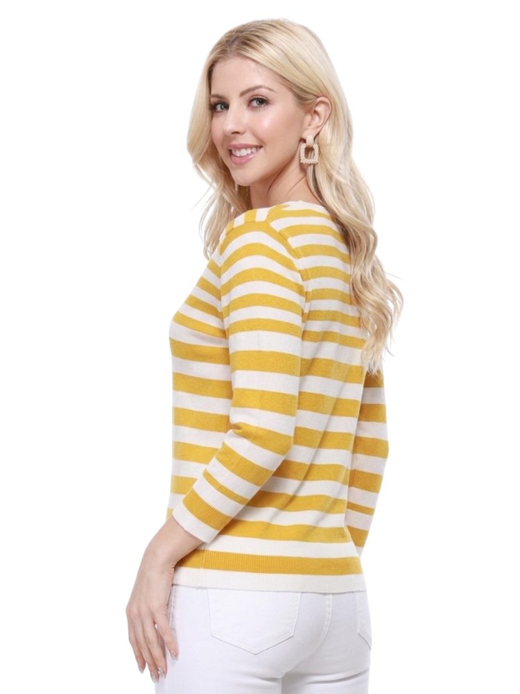 Women's 3/4 Sleeve V-Neck Stripe Button down Sweater Cardigan MK3078 (S-L)