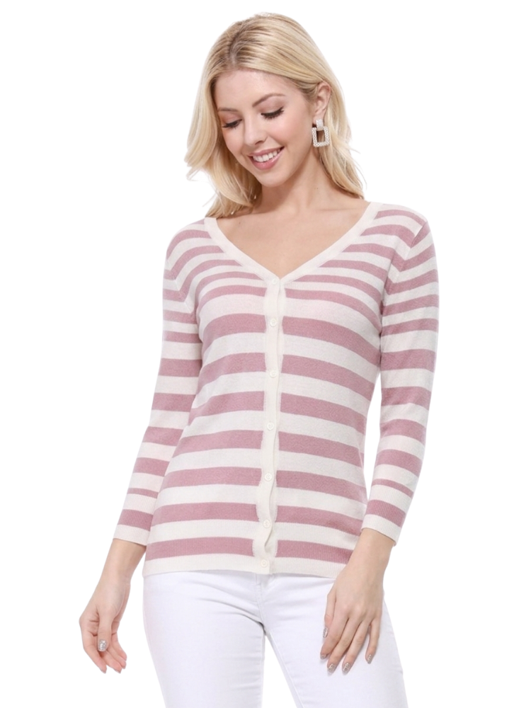 Women's 3/4 Sleeve V-Neck Stripe Button down Sweater Cardigan MK3078 (S-L)