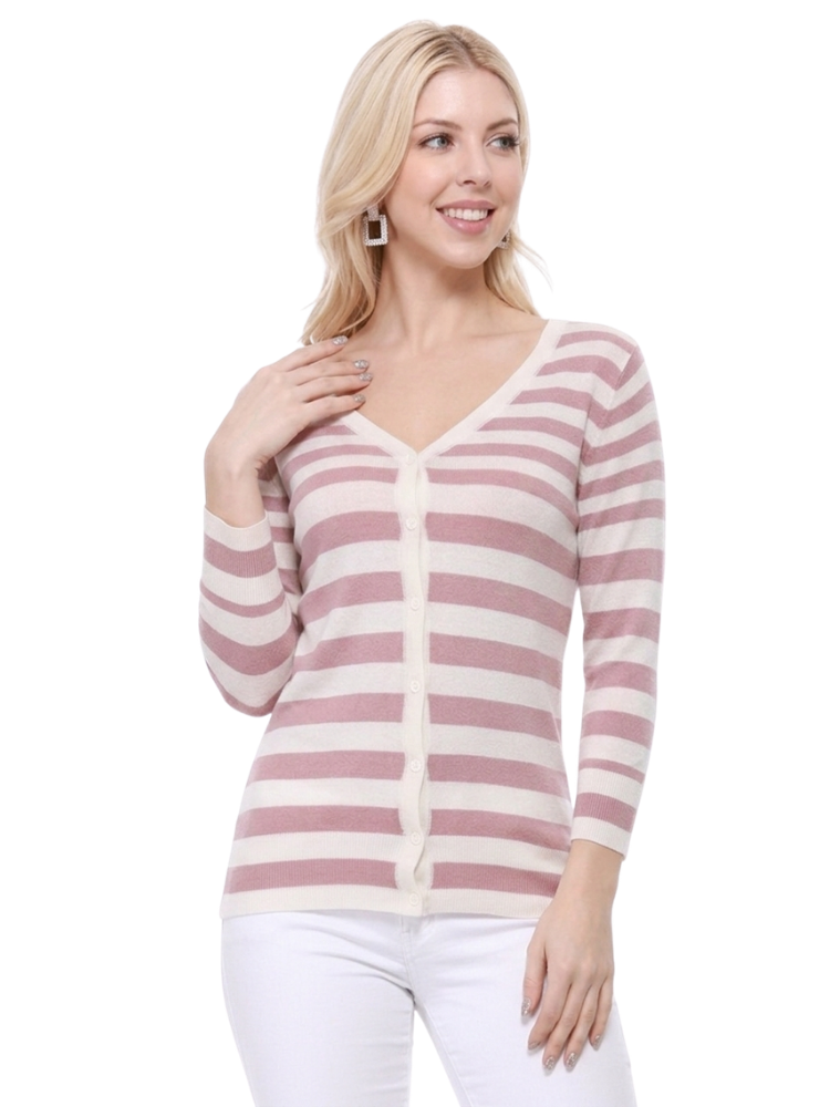 Women's 3/4 Sleeve V-Neck Stripe Button down Sweater Cardigan MK3078 (S-L)