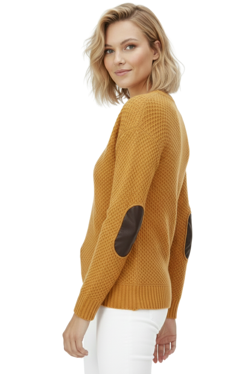 Honeycomb Stitch Sweater Top with Elbow Patch MK3354 (S-L)