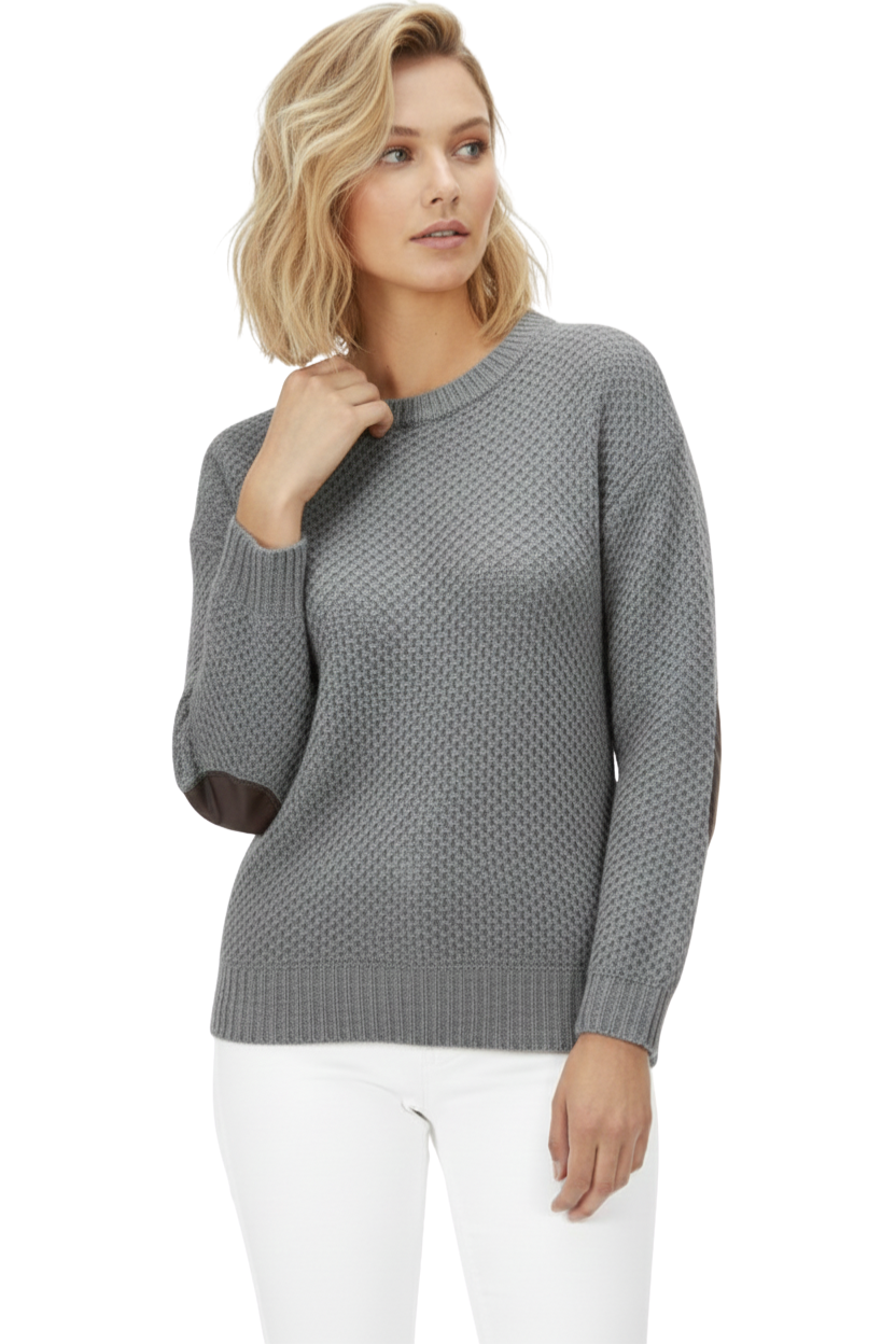 Honeycomb Stitch Sweater Top with Elbow Patch MK3354 (S-L)