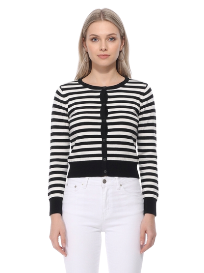 Women's 3/4 Sleeve Crewneck Striped Regular Fit Button-Down Sweater Cardigan MK3521 (S-L)