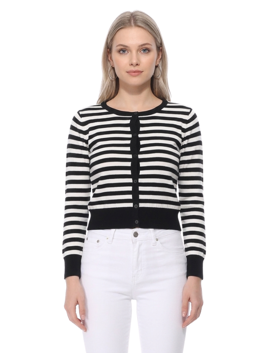 Women's 3/4 Sleeve Crewneck Striped Regular Fit Button-Down Sweater Cardigan MK3521 (S-L)