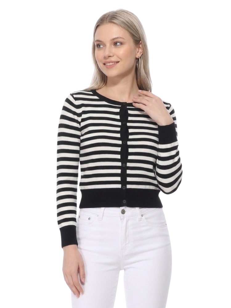 Women's 3/4 Sleeve Crewneck Striped Regular Fit Button-Down Sweater Cardigan MK3521 (S-L)